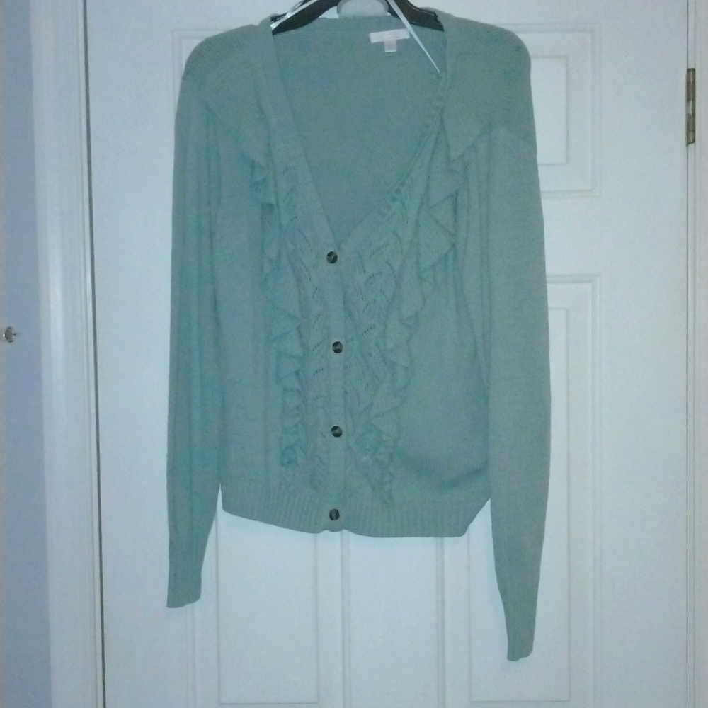 Sea foam green knitted style button up Lauren Conrad cardigan with ruffles